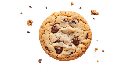 Delicious chocolate chip cookie on a white isolated background with scattered chocolate pieces.