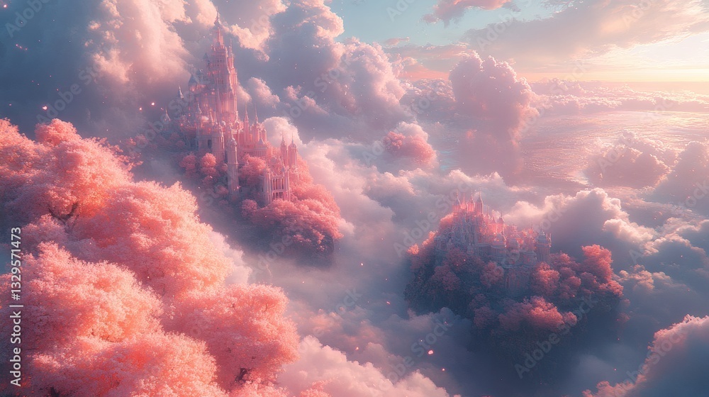 Wall mural a dreamy, ethereal view of pink and peach clouds with architectural structures