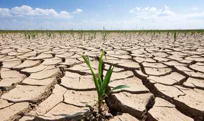 A resilient sprout emerges from cracked dry soil, symbolizing hope and resilience in challenging environmental conditions.
