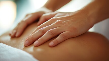 Naklejka premium A close-up of a professional spa massage therapistâ€™s hands working on a clientâ€™s shoulders.