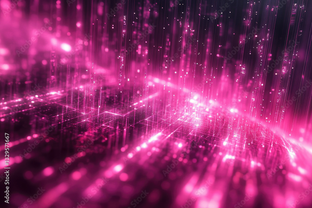 Poster Abstract digital art depicting a futuristic cityscape with glowing pink lines and particles, symbolizing data flow and technological advancement.