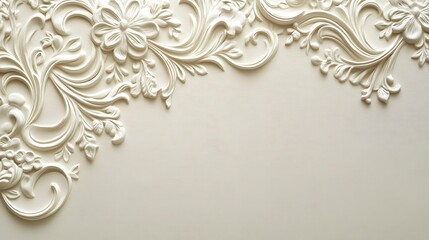 Intricate white floral designs elegantly decorate the neutral light background