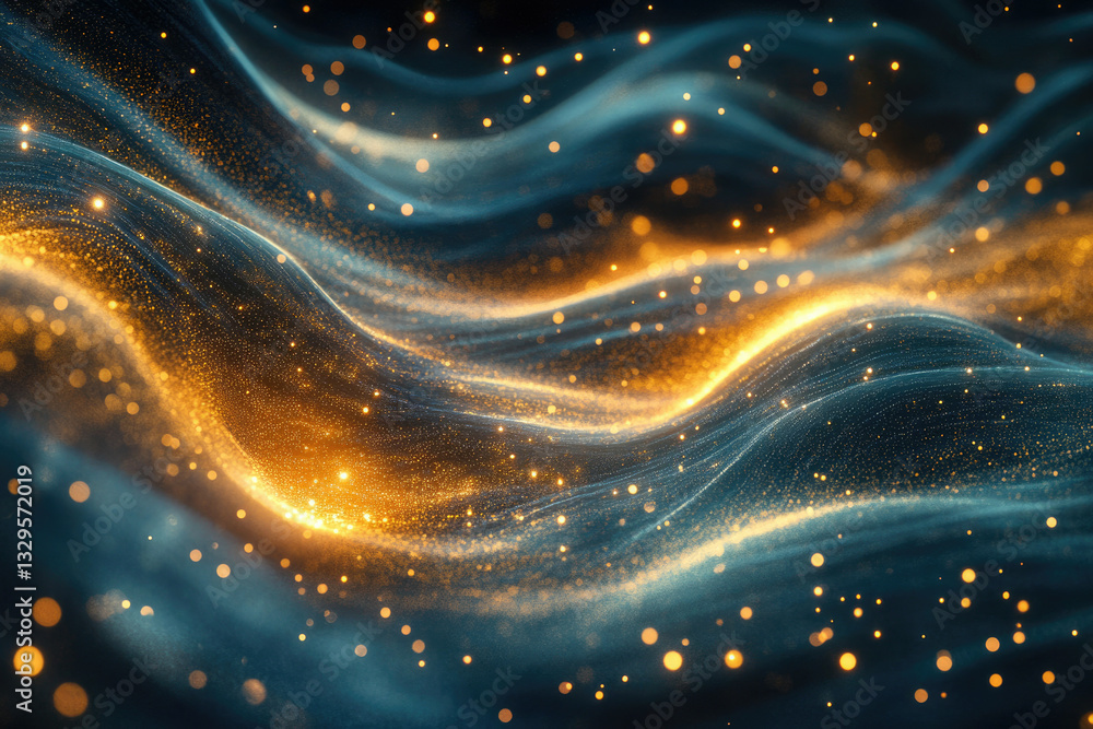 Poster abstract image of glittering, golden and blue waves, sparkling particles creating a luxurious, dynam