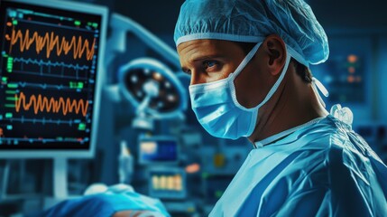 Anesthesiologist monitoring patient in OR, digital vitals displayed on screen, professional medical environment, detailed hospital setting, focused expression