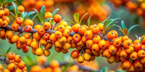 Close-up of vibrant sanddorn berries on a branch, texture, vibrant colors,  texture, vibrant colors