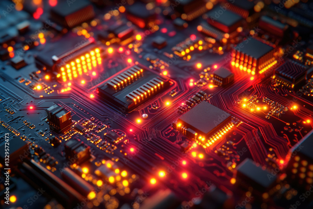 Aufkleber close-up of illuminated circuit board showcasing intricate electronic components and connections.