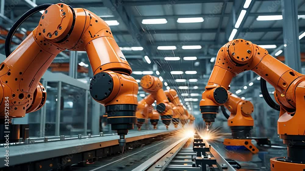 Poster high-tech industrial robotic arms working on an assembly line in a modern factory with sparks flying