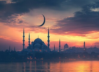 Fototapeta premium Silhouette of a mosque with a crescent moon and cityscape against a sunset sky background, Ramadan Kareem concept. Illustration, vector illustration design. Stock photo, 2/3 space for text, stock phot