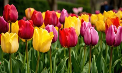 Obraz premium Vibrant tulips in various colors bloom beautifully in a garden, showcasing nature's artistry and seasonal delight.