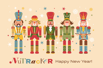 Christmas illustration card with Nutcrackers on a background New year illustration.