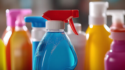 A collection of empty and full bottles of cleaning products, suitable for use in an office or home setting