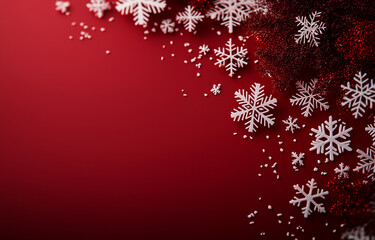 Festive red background with white snowflakes creating cheerful atmosphere. Perfect for holiday themes and seasonal decorations