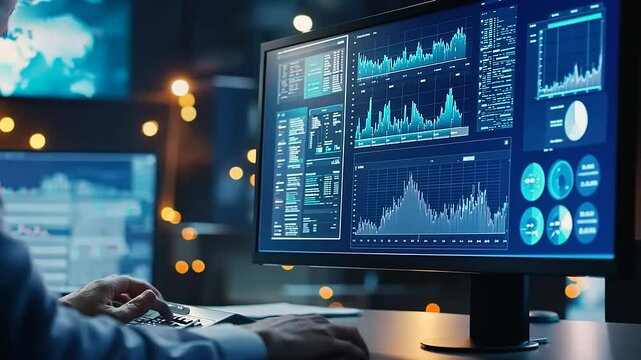 Professional data analyst working on advanced analytics dashboard in modern office setup