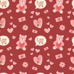 St valentines pattern with pink teddy bear, sweets and hearts. Hand-drawn vector illustration in flat style.
