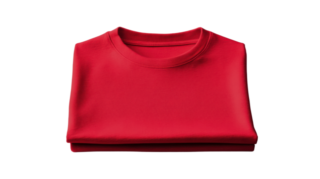 A folded red t-shirt on a white isolated background, perfect for showcasing casual fashion and textile products.