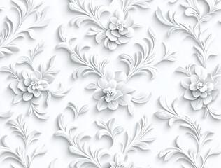 Fototapeta premium Elegant white floral pattern with intricate designs and textures, featuring delicate flowers and leaves, perfect for backgrounds or decorative elements