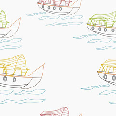Editable Outline Oblique View Indian Keralan Houseboat Vector Illustration on Wavy Lake in Various Colors Seamless Pattern for Creating Background of Transportation or Recreation of Southwestern India