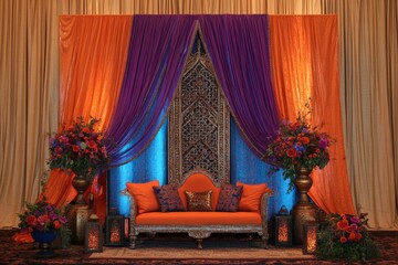 A decorative arrangement featuring a sofa and colorful curtains