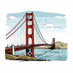 Golden Gate Bridge. Golden Gate Bridge hand-drawn comic illustration. Vector doodle style cartoon illustration