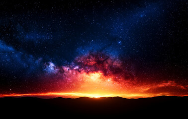 Naklejka premium breathtaking starry sky with vibrant sunset illuminating horizon, showcasing beauty of universe and Milky Way