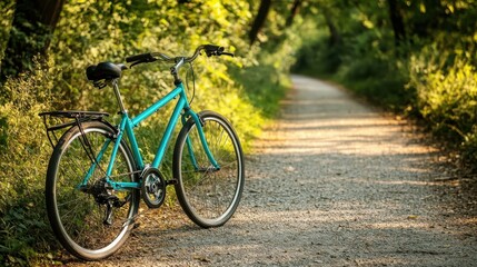 Fototapeta premium Blue Bicycle Stands on Gravel Path in Lush Green Nature Scene
