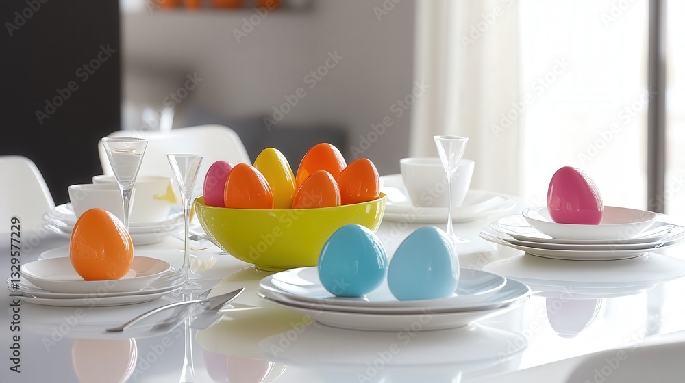 Poster the simplicity of a white table is the perfect setting for a collection of decorative easter eggs. t