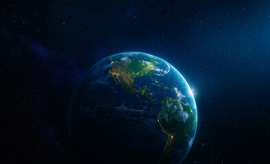 Obraz premium Earth viewed from space, showcasing North and South America illuminated by sunlight, surrounded by starry background, evokes sense of wonder and beauty