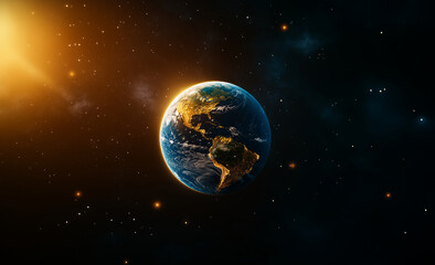 Obraz premium Earth is vibrant planet showcasing North and South America, surrounded by starry cosmos. Its beauty evokes sense of wonder and exploration