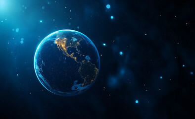Obraz premium Earth viewed from space, showcasing North and South America illuminated at night, surrounded by stars and cosmic elements, evokes sense of wonder and beauty