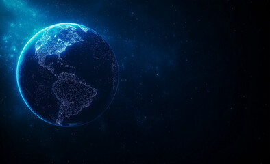Obraz premium stunning view of Earth from space, showcasing North and South America illuminated by city lights against dark cosmic background
