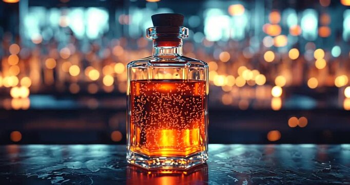 Whiskey bottle on a bar counter in a dimly lit establishment. Suitable for use in a liquor advertisement