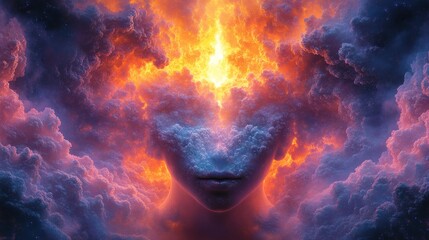 Fototapeta premium a vibrant image of a person in a dreamy, surrealist setting, where the human head is enveloped by fiery clouds, and the composition evokes a sense of power and internal emotions