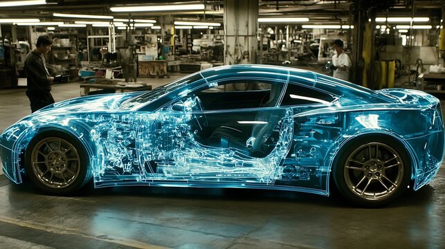 Car design blueprint in a factory, prototype use