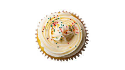 Delicious vanilla cupcake topped with creamy frosting and colorful sprinkles, perfect for celebrations.