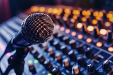 Studio Microphone Professional Recording Setup in Modern Music Production Studio with Warm Ambient Lighting and Sound Absorption Panels