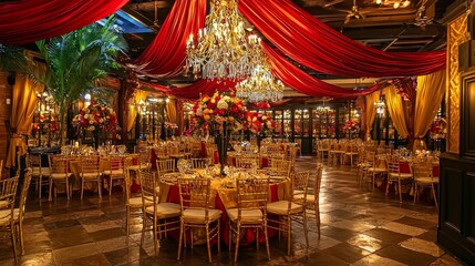 Lavish Indian wedding banquet hall with vibrant red and gold drapes, intricate floral arrangements, large golden chairs, festive mood