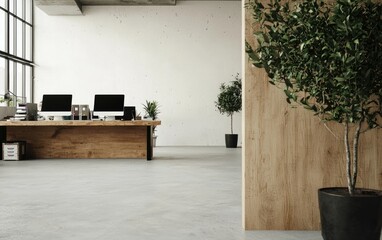 Bright Modern Office Interior with Wooden Desk Potted Plants and Concrete Floor