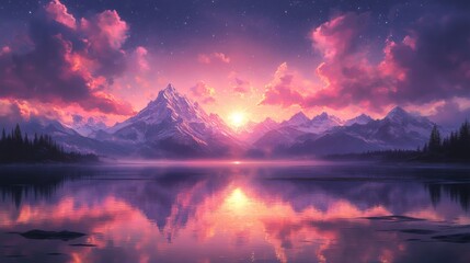 serene mountain lake with snow-capped peaks at sunset, featuring a dramatic purple and pink sky. The sun is setting behind the mountains, and its light is reflected in the calm waters of the lake.