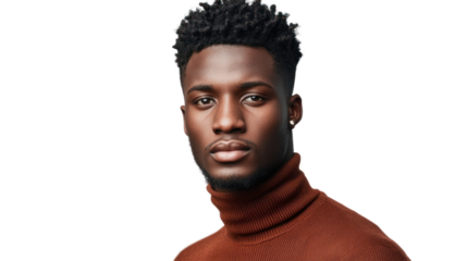 A portrait of a young man with curly hair wearing a stylish sweater, posing confidently against a white background.