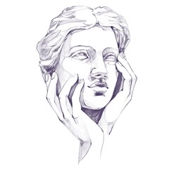 A Detailed Pencil Sketch Of A Classical Sculpture With Expressive Hands Touching The Face, Featuring Elegant Lines And Artistic Shading, Perfect For Creative, Historical, And Aesthetic Projects