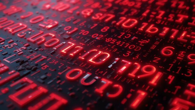 Close-up view of glowing red digital code reflected on a wet surface, representing data processing and modern technology.