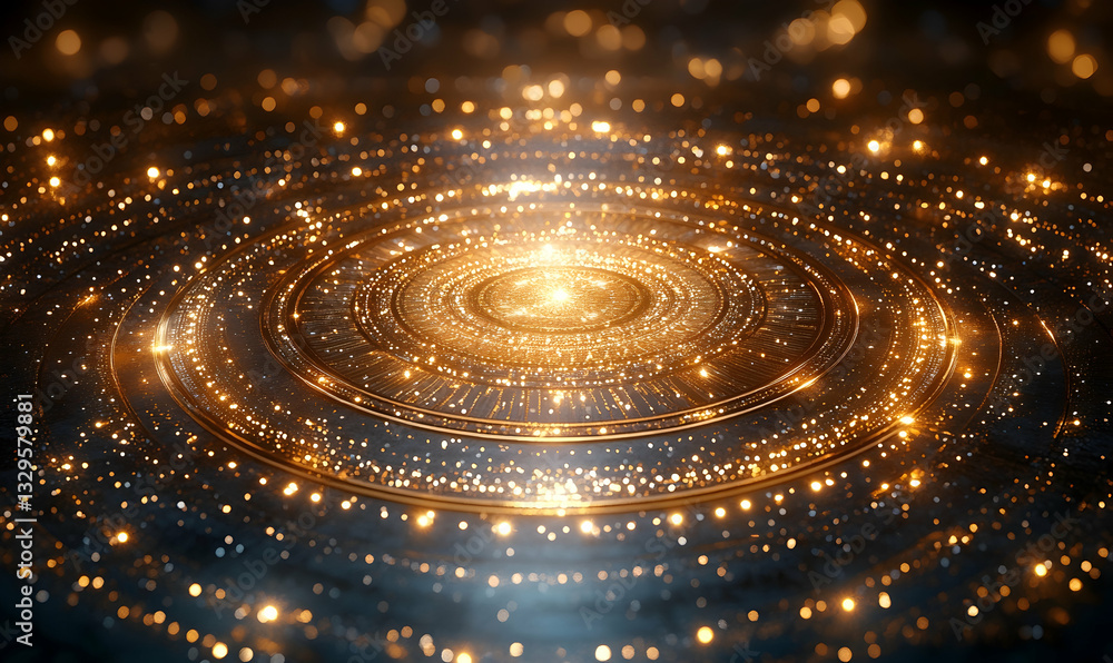 Aufkleber glowing golden concentric circles radiate light, creating a mesmerizing cosmic or technological effe