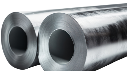 Two rolls of metallic foil, sleek and shiny, positioned closely on a white background.