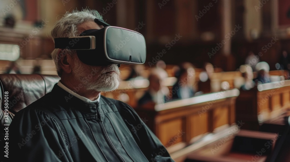 Poster virtual reality trial setting in a judiciary environment with an elderly judge experiencing augmente
