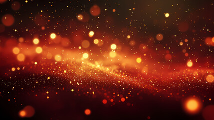 Dark red background with glowing golden dust particles and sparks, space, glow. Cosmic Sparks. Illustration