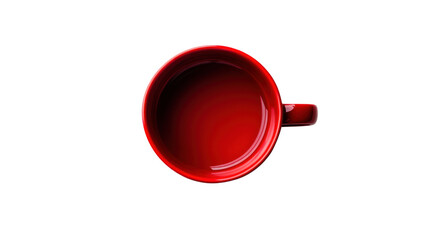 Red mug, top view, isolated on black background, perfect for coffee, tea, or hot beverages.