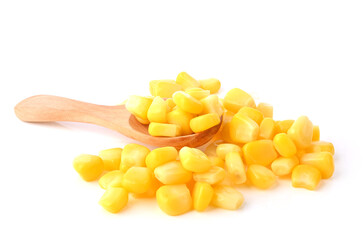 sweet corn seeds in wood spoon on white background