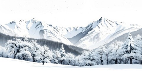  Crisp Winter Landscape in Ink Painting with Snow Covered Trees and Mountains