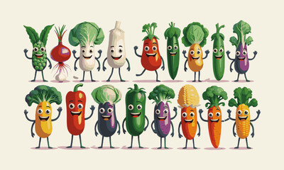 Modern vector-style illustration featuring anthropomorphic vegetables with expressive faces and limbs, easily editable.