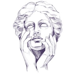 A Detailed Pencil Sketch Of A Classical Sculpture With Expressive Hands Touching The Face, Featuring Elegant Lines And Artistic Shading, Perfect For Creative, Historical, And Aesthetic Projects